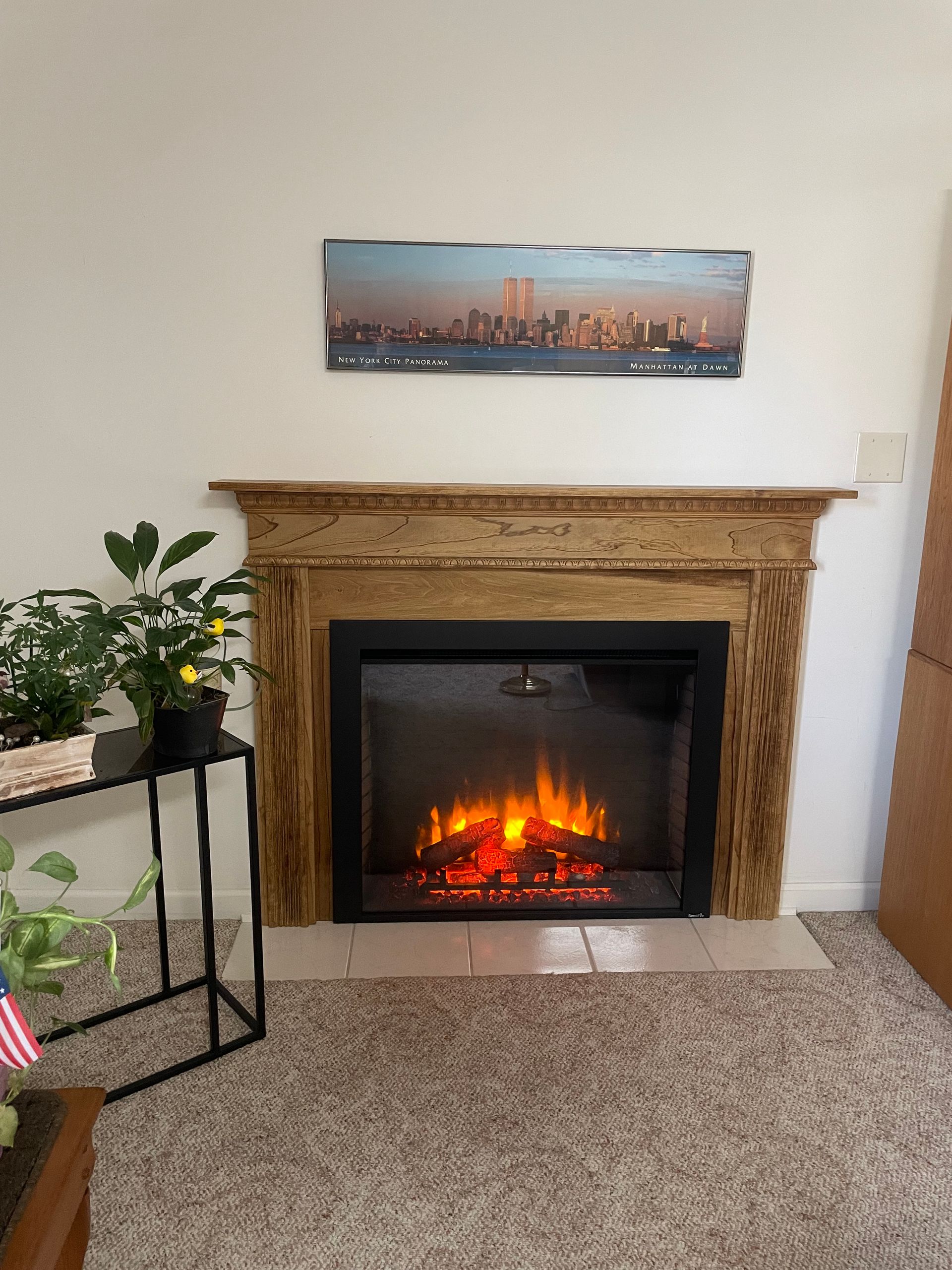 Cozy living room with a lit fireplace, tan carpet, and a small plant stand beside it.