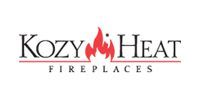 Kozy Heat Fireplaces logo with black text and a red flame icon