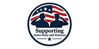Supporting Active Duty and Veterans logo with patriotic shield and red, white, and blue stars and stripes