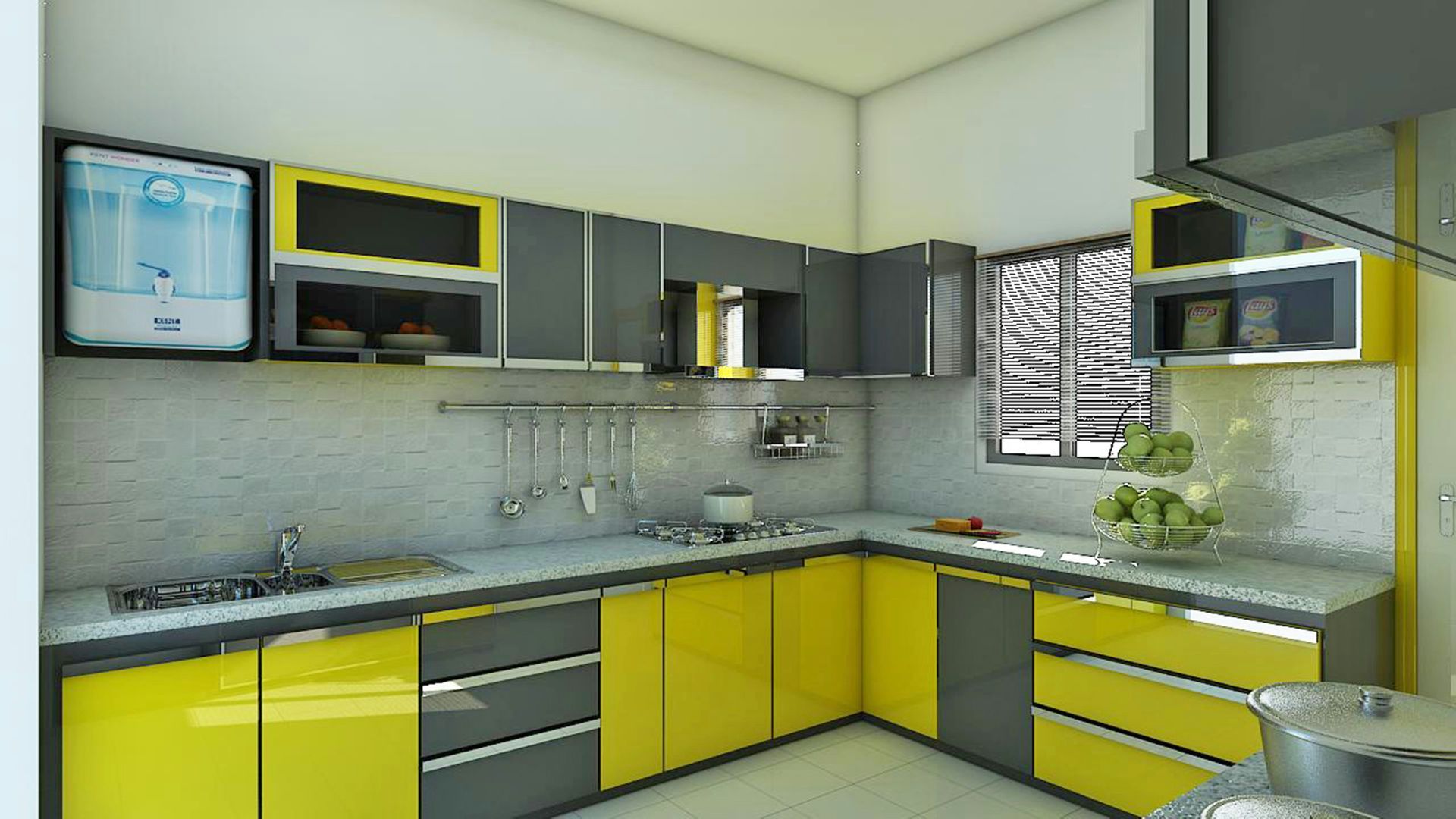 a kitchen with yellow cabinets and gray counter tops