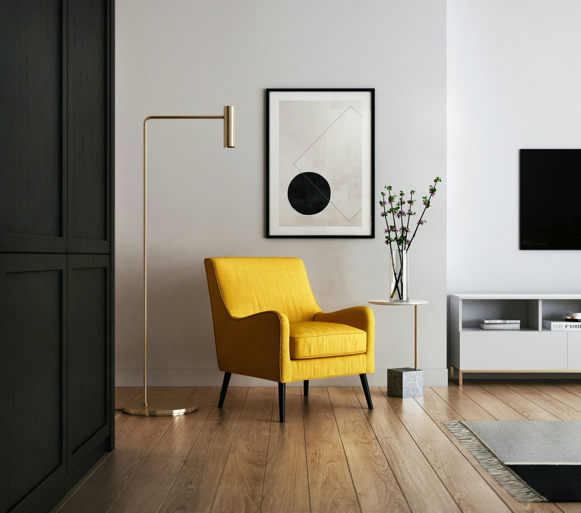 a living room with a yellow chair and a lamp