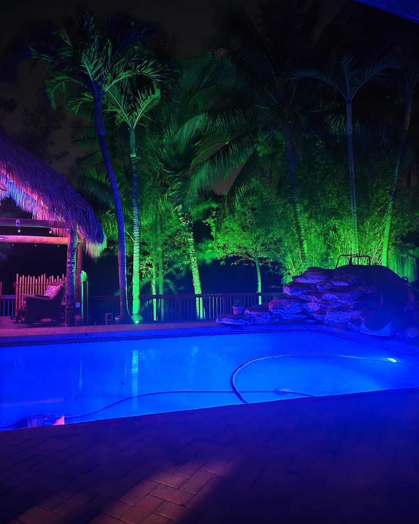 A swimming pool is lit up at night with blue lights and palm trees in the background.