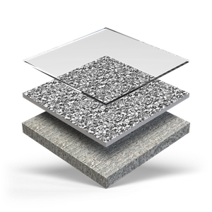 A stack of three pieces of granite , concrete , and glass.