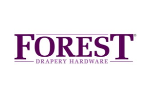 The logo for forest drapery hardware is purple and white.
