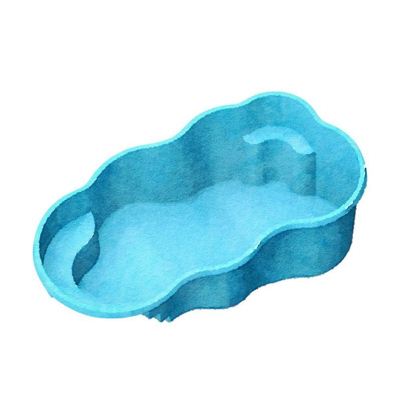 Blue, kidney-shaped plastic baby bathtub, empty.