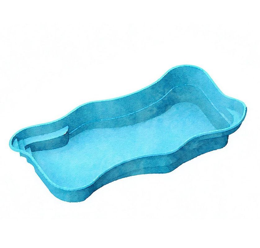 Blue, kidney-shaped swimming pool with wavy edges, small step area, outdoors.