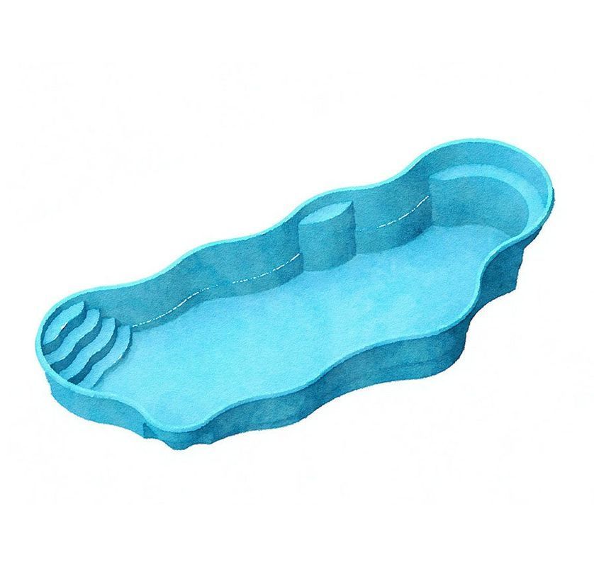 Blue, freeform inground swimming pool with steps, shallow end, and raised features.
