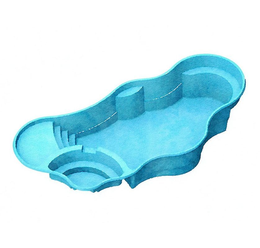 Blue, kidney-shaped inground swimming pool with steps, a bench, and a rounded spa area.