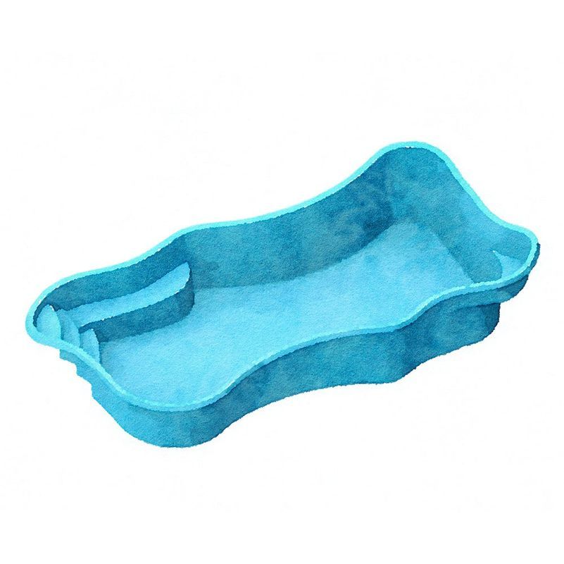 Blue, kidney-shaped inground swimming pool with steps, on a white background.