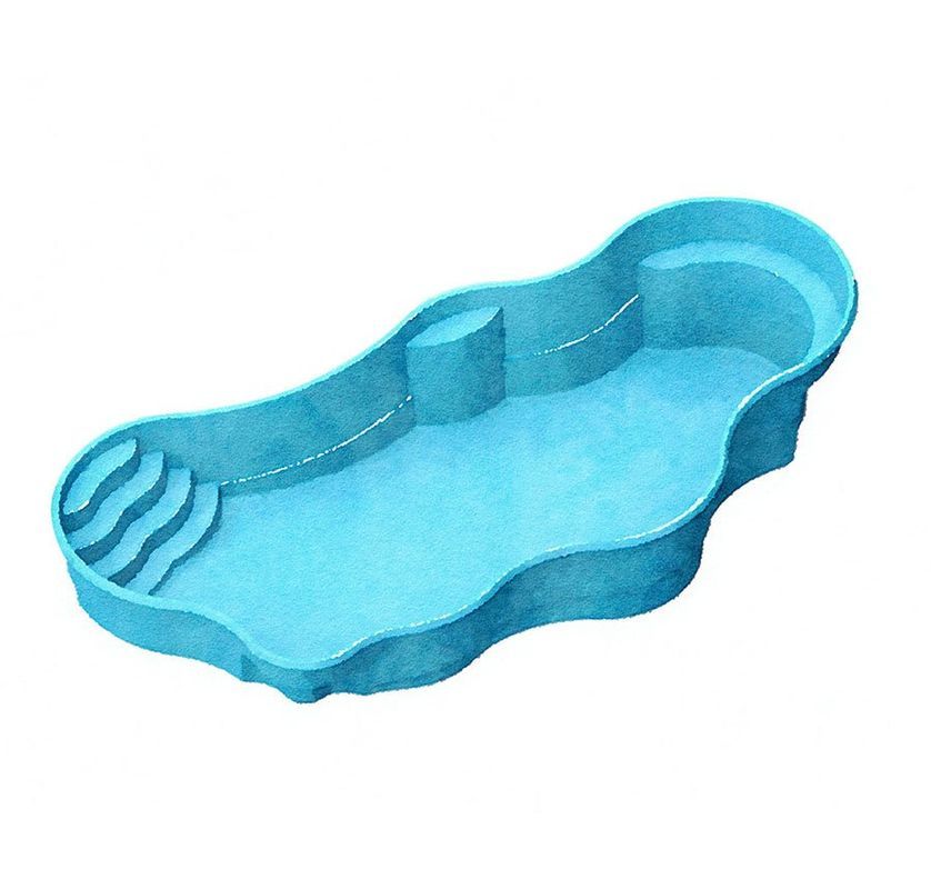 Blue, kidney-shaped inground swimming pool with built-in stairs, bench, and sun shelf.