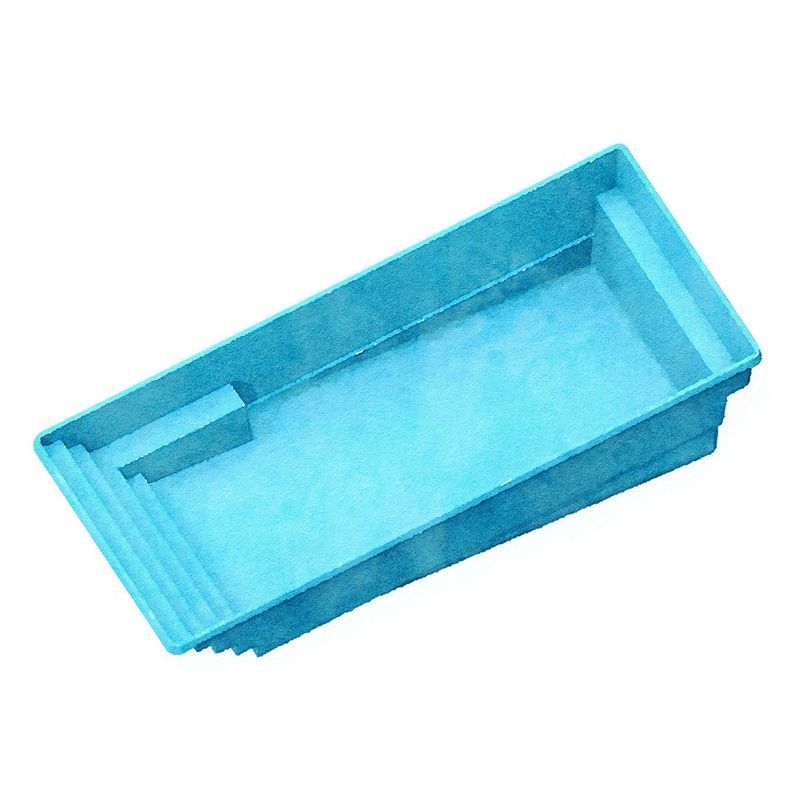 Blue rectangular swimming pool with built-in stairs and a shallow end.
