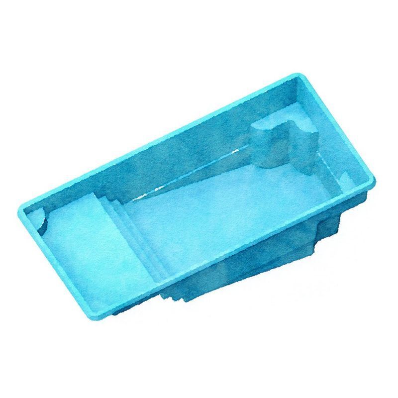 Blue rectangular swimming pool with built-in steps and a small platform, top-down view.