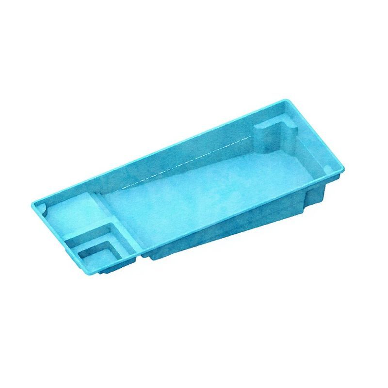 Blue rectangular in-ground pool, with steps and a shallow area, viewed from above.