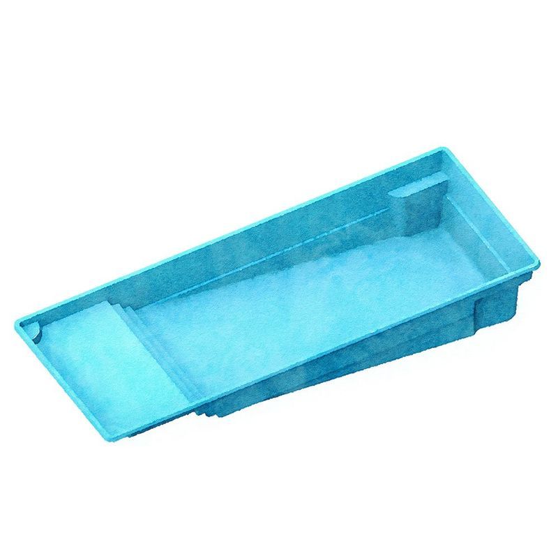 Light blue rectangular inground swimming pool with steps and a bench.