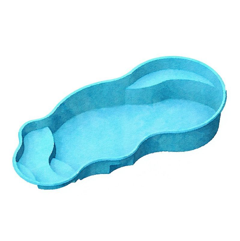 Blue kidney-shaped swimming pool with a shallow area on one side, viewed from above.