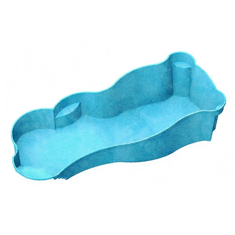 Blue swimming pool with a slide and attached features.