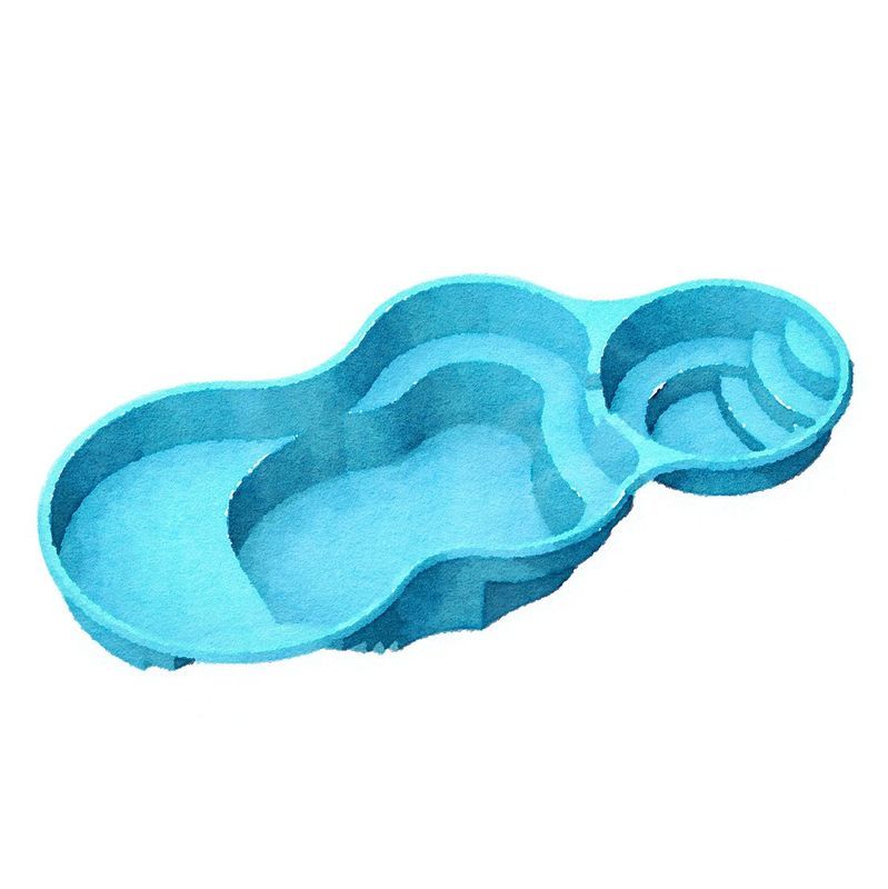 Light blue kidney-shaped swimming pool with a circular section and steps.