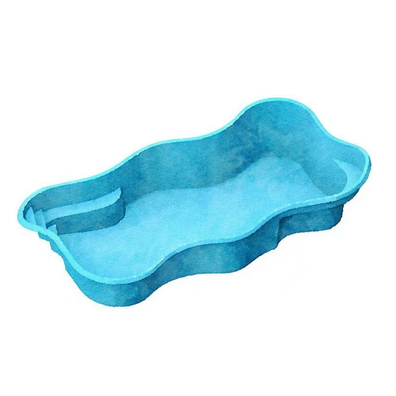 Blue, kidney-shaped swimming pool with built-in steps, viewed from above, on a white background.