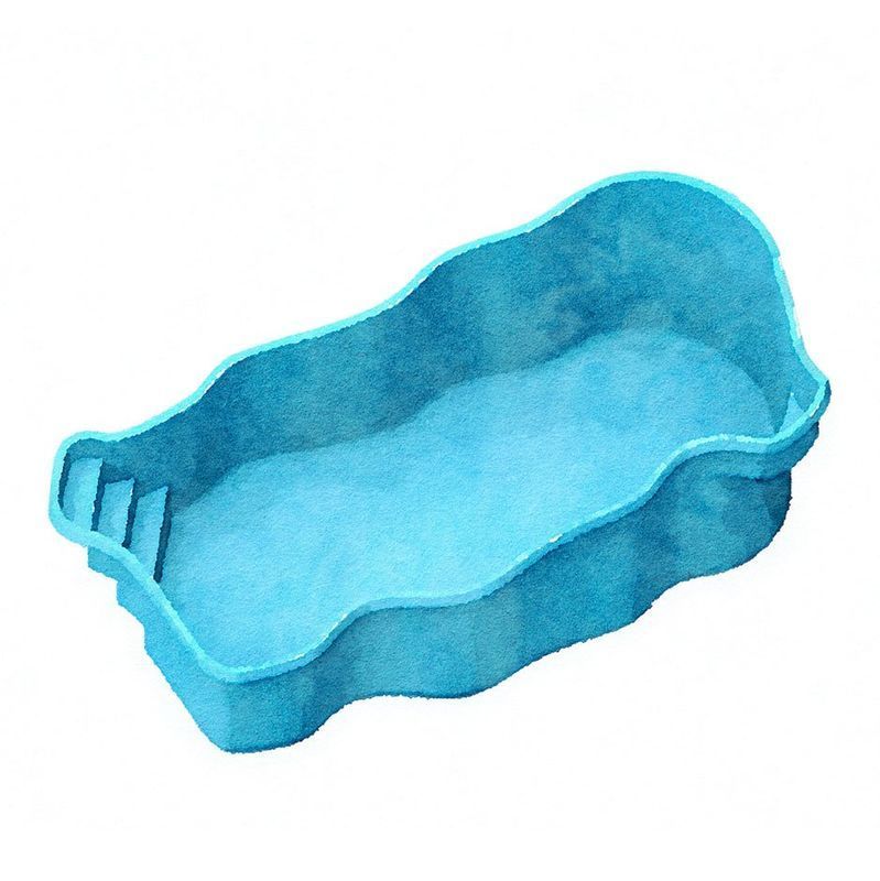 Blue, irregularly-shaped swimming pool with built-in steps.