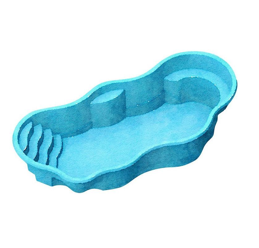 Blue, kidney-shaped inground swimming pool with attached steps and seating areas.