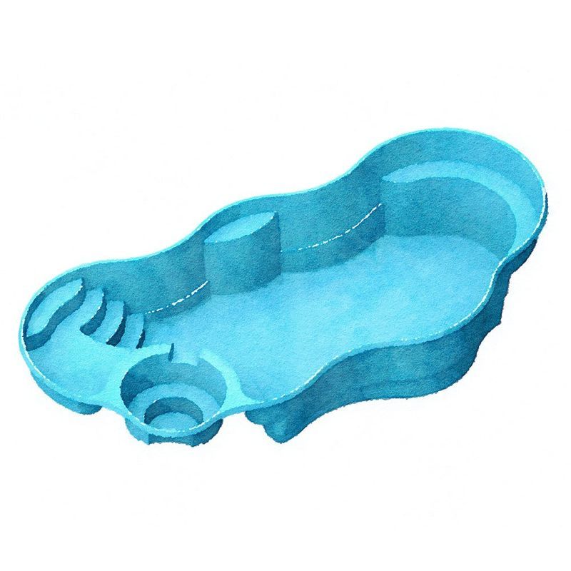 Blue, kidney-shaped swimming pool with built-in steps, spa, and seating areas.