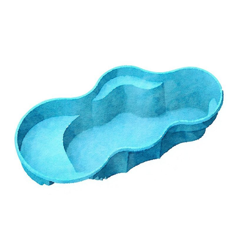 Blue, kidney-shaped swimming pool with varying depths and curved edges, viewed from above.