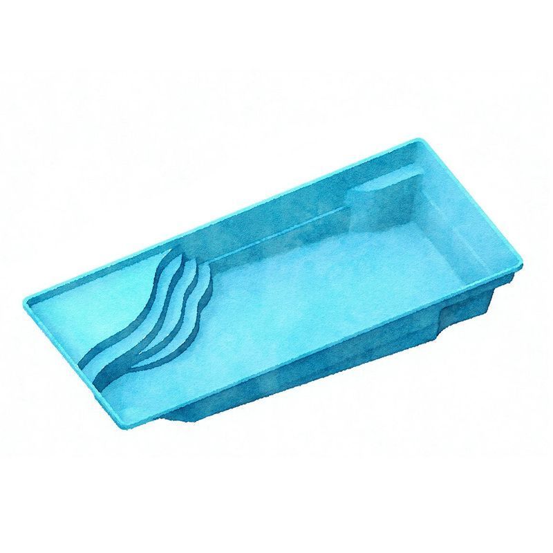 Blue rectangular inground swimming pool with steps and seating area.