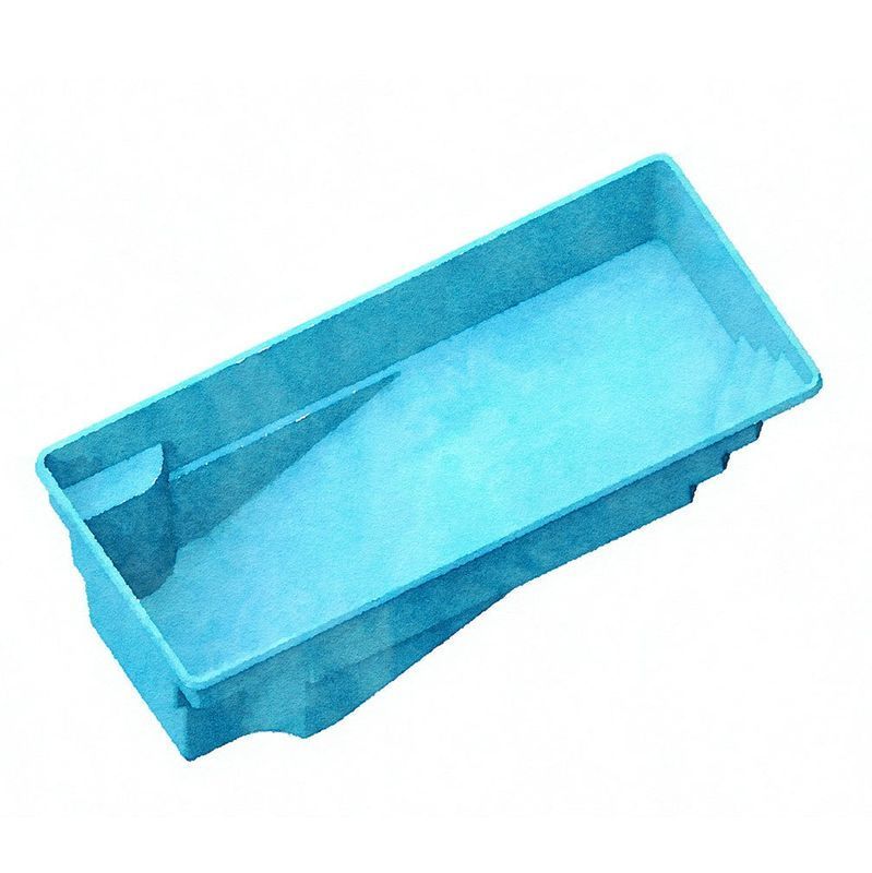 Blue rectangular pool with built-in bench.