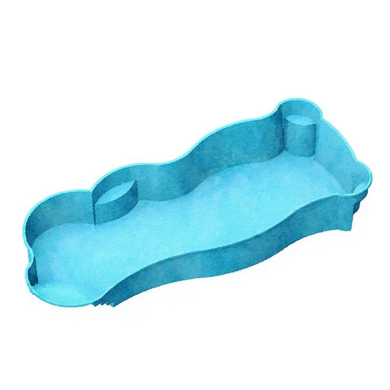Blue, kidney-shaped swimming pool with two raised circular features and an alcove, on a white background.