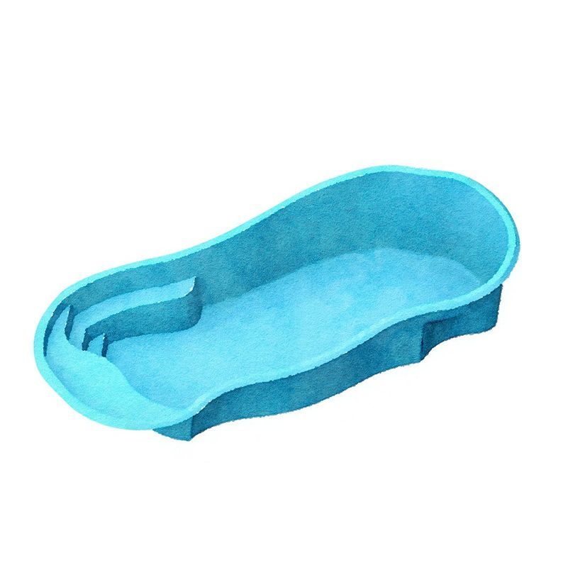 Light blue, kidney-shaped in-ground swimming pool, with built-in stairs on one side.