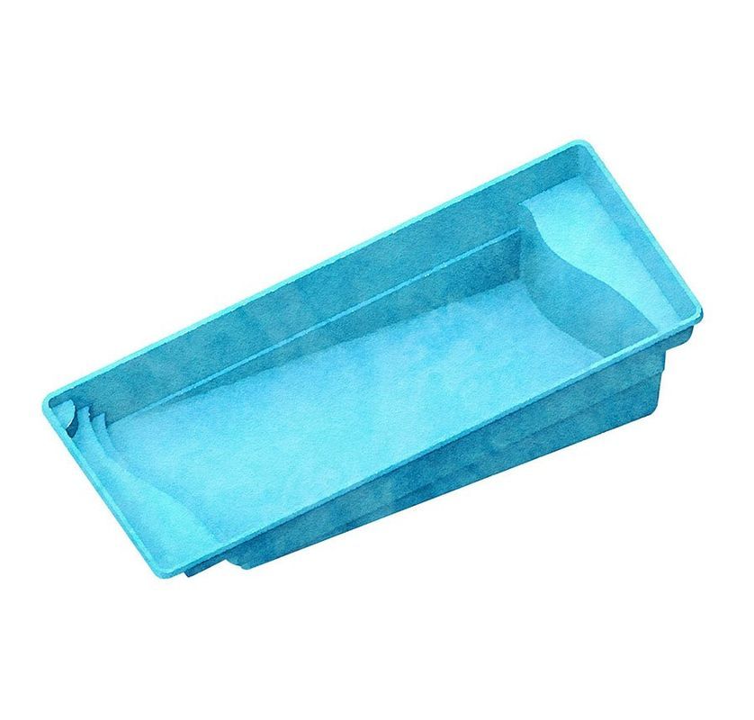Blue rectangular water basin with sloped sides, possibly for a pool.