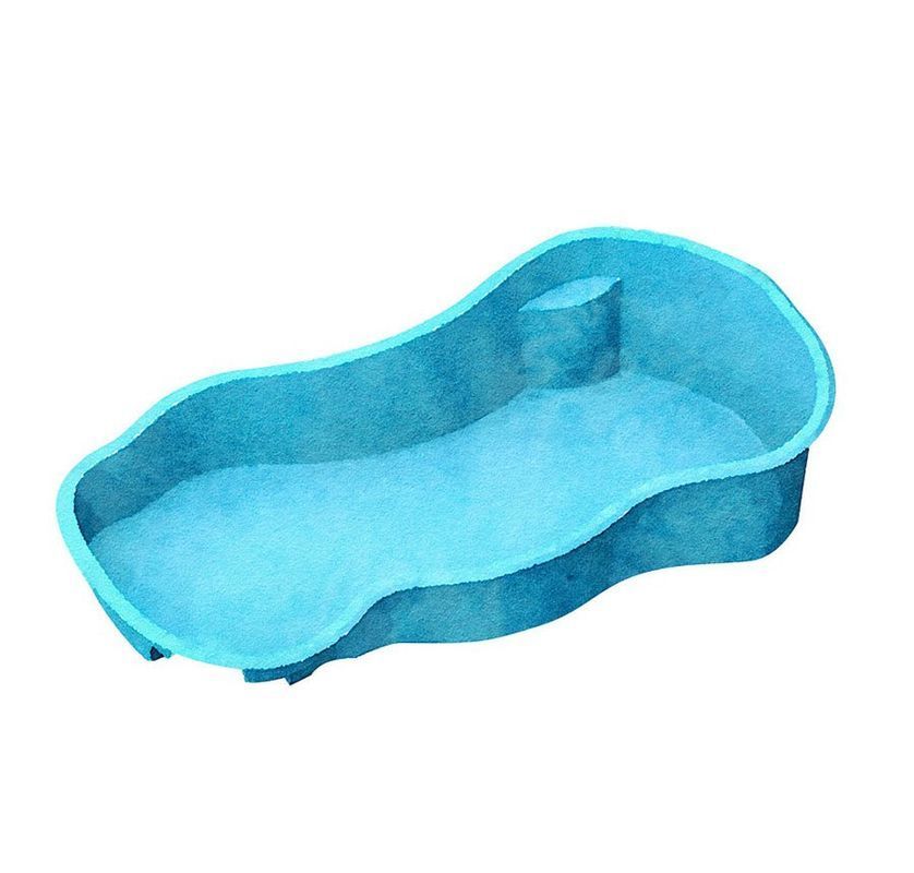 Blue, kidney-shaped, molded plastic wading pool.