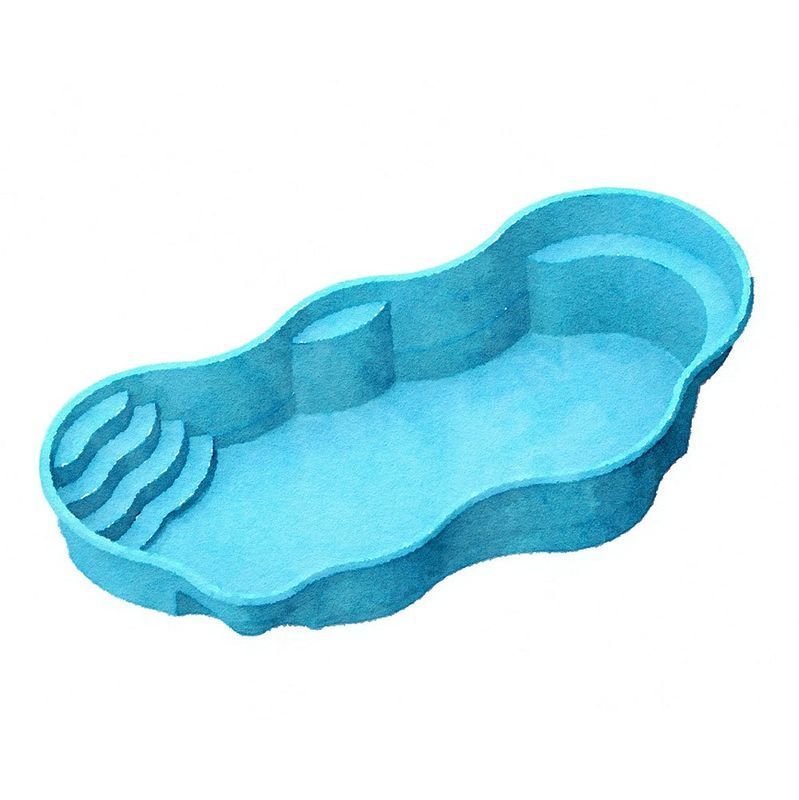Blue, kidney-shaped inground swimming pool with built-in steps and seating area.