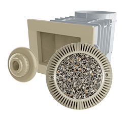 Pool equipment: skimmer, light, and return fitting in neutral tones.