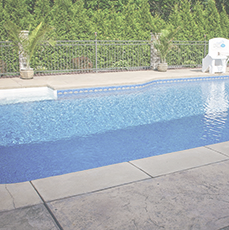 A swimming pool with blue water and concrete surrounding. Green hedges and trees in the background.