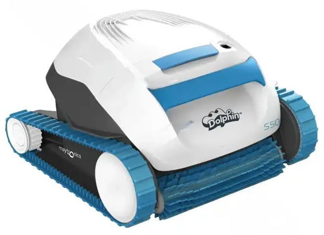 A white, blue, and black Dolphin S50 robotic pool cleaner with treads and brushes.