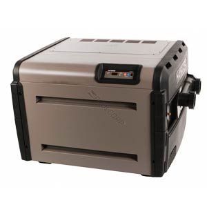 Tan and black rectangular pool heater with digital display.