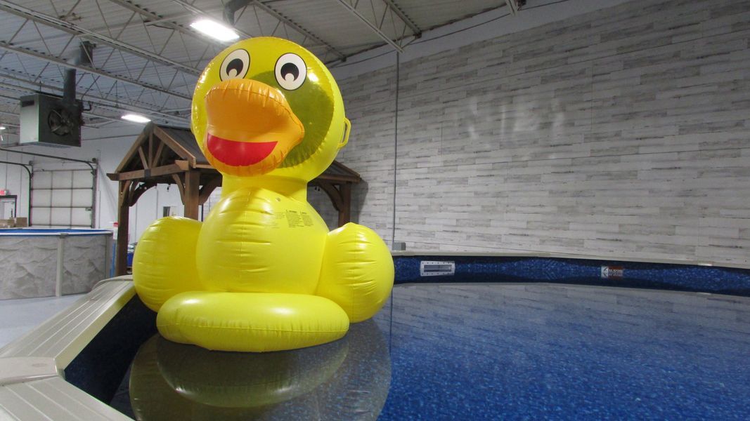 Large yellow inflatable duck floating in an indoor pool.