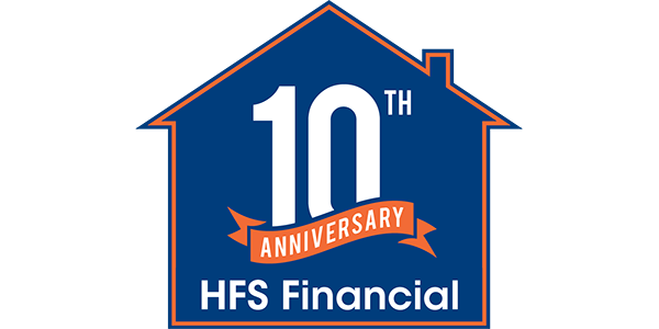 HFS Financial 10th anniversary logo in a blue house outline with orange ribbon and white text