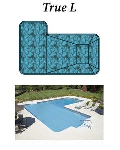 Diagram and photo of a turquoise, L-shaped swimming pool with a surrounding patio and three lounge chairs.