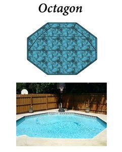 Top image: Blue octagon shape. Bottom image: Octagon-shaped swimming pool surrounded by a wooden fence.