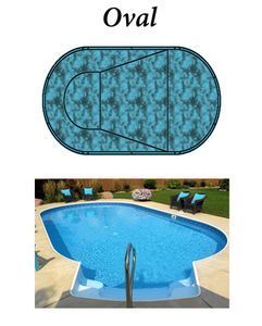 Top view of an oval pool layout; bottom view of the same oval pool in a backyard setting.