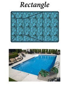 Diagram of a rectangular pool with a cover, and a photo of the same pool filled with water.