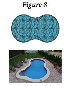 Top-down view and photo of a figure-eight shaped swimming pool with a teal water pattern and surrounding deck.