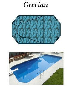 Top-down view and photograph of a Grecian-shaped swimming pool.