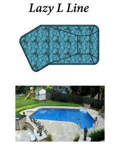 Diagram and photo of a “Lazy L Line” swimming pool, including the pool’s shape and a photo of the completed pool outdoors.