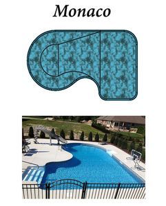 Monaco pool design with a top-down view and a photo of the completed pool, blue water, and concrete surroundings.