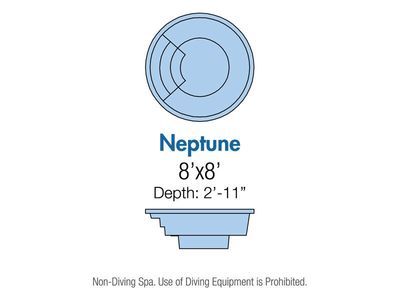 Diagram of a Neptune spa, an 8' x 8' circular pool with steps and a depth of 2'11