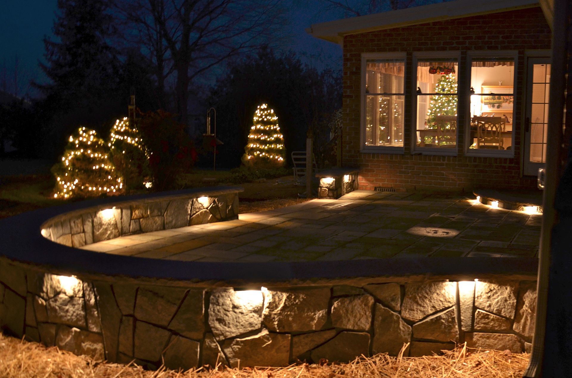 A house with a christmas tree in the window is lit up at night