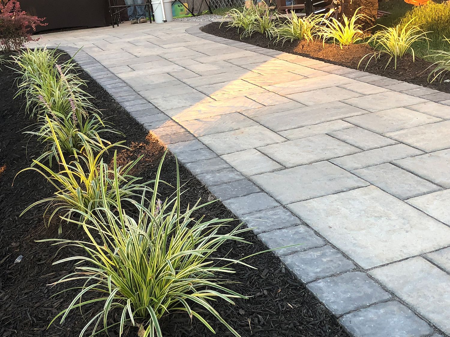A brick walkway with a row of plants on the side of it.